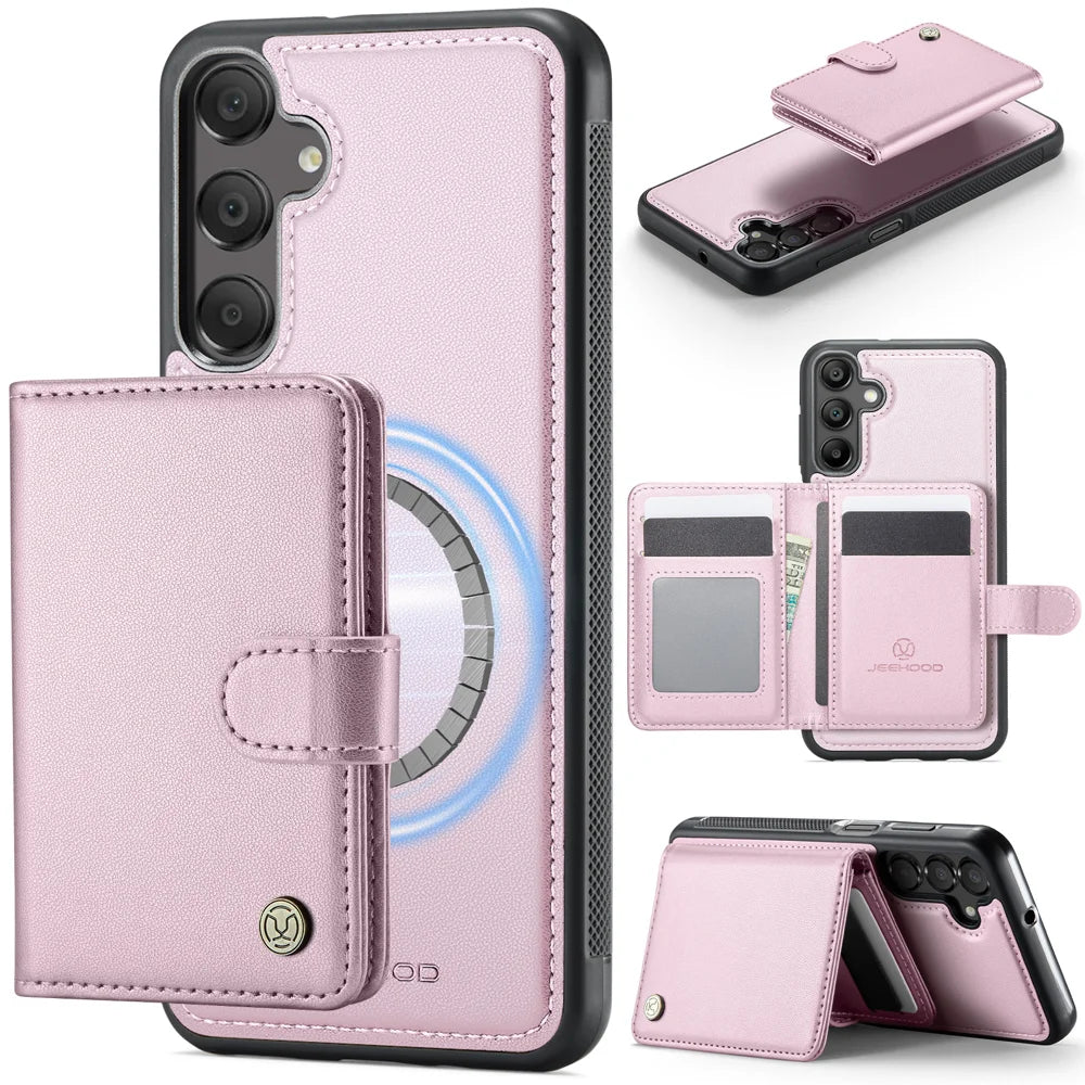 JEEHOOD For Samsung Galaxy A15 5G / Galaxy A15 4G Case  J09 RFID Blocking Card Holder Leather Back Phone Cover Magnetic Case - Pink - 1
