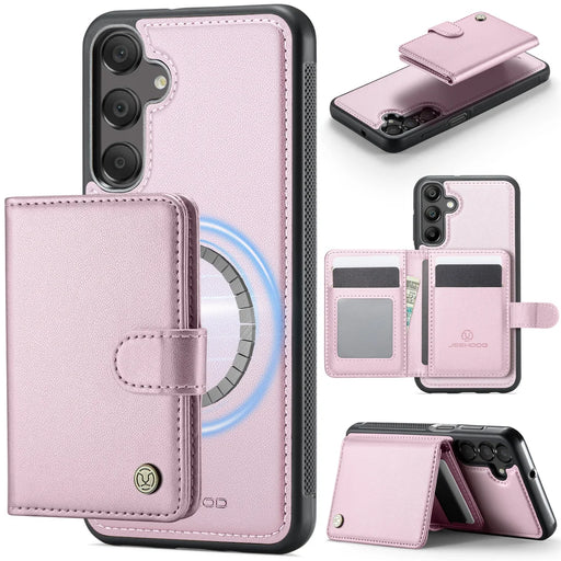 JEEHOOD For Samsung Galaxy A15 5G / Galaxy A15 4G Case  J09 RFID Blocking Card Holder Leather Back Phone Cover Magnetic Case - Pink - 1