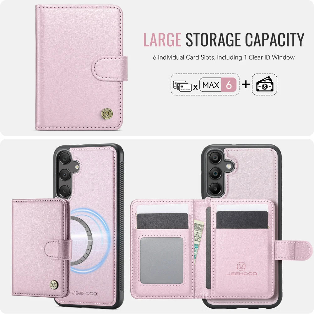 JEEHOOD For Samsung Galaxy A15 5G / Galaxy A15 4G Case  J09 RFID Blocking Card Holder Leather Back Phone Cover Magnetic Case - Pink - 3