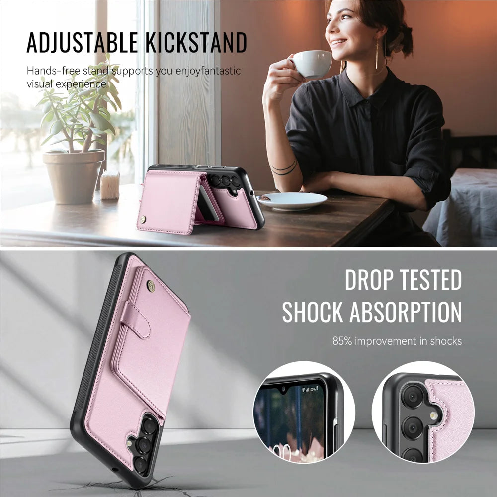 JEEHOOD For Samsung Galaxy A15 5G / Galaxy A15 4G Case  J09 RFID Blocking Card Holder Leather Back Phone Cover Magnetic Case - Pink - 4
