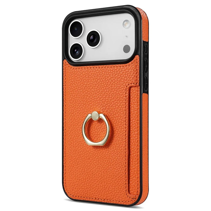 For iPhone 18 Pro / 17 Pro Case Ring Kickstand PU + TPU Card Holder Phone Cover - Orange - 1