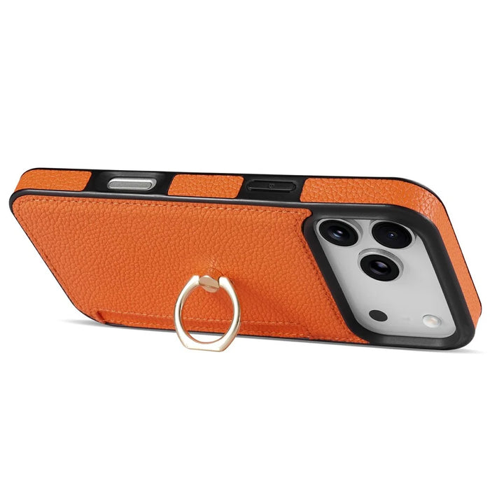 For iPhone 18 Pro / 17 Pro Case Ring Kickstand PU + TPU Card Holder Phone Cover - Orange - 3