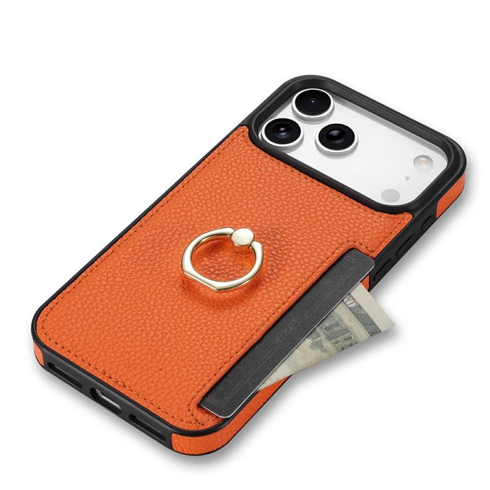For iPhone 18 Pro / 17 Pro Case Ring Kickstand PU + TPU Card Holder Phone Cover - Orange - 4