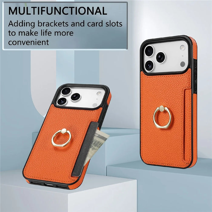 For iPhone 18 Pro / 17 Pro Case Ring Kickstand PU + TPU Card Holder Phone Cover - Orange - 5
