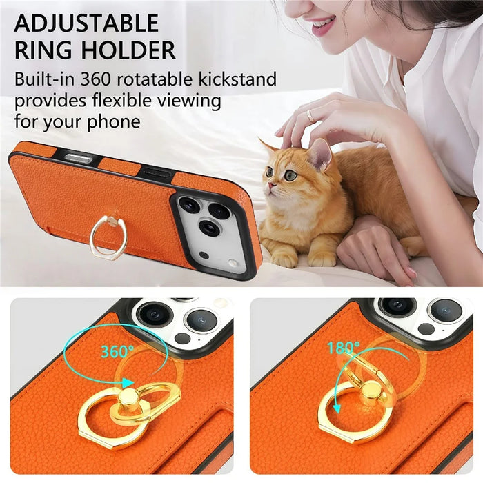 For iPhone 18 Pro / 17 Pro Case Ring Kickstand PU + TPU Card Holder Phone Cover - Orange - 7