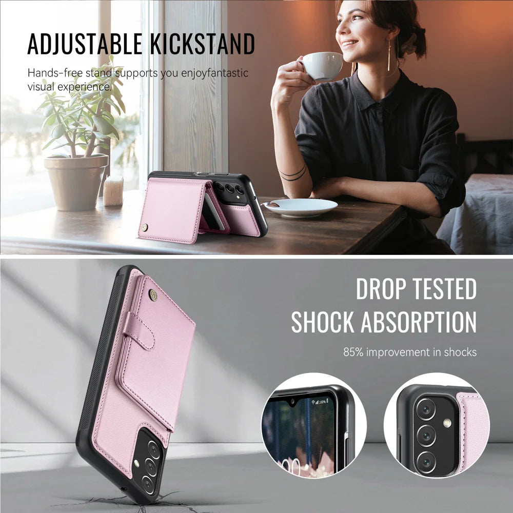 JEEHOOD For Samsung Galaxy A14 5G / Galaxy M44 5G / Galaxy A14 4G Case  J09 RFID Blocking Card Holder Leather Back Phone Cover Magnetic Case - Pink - 4