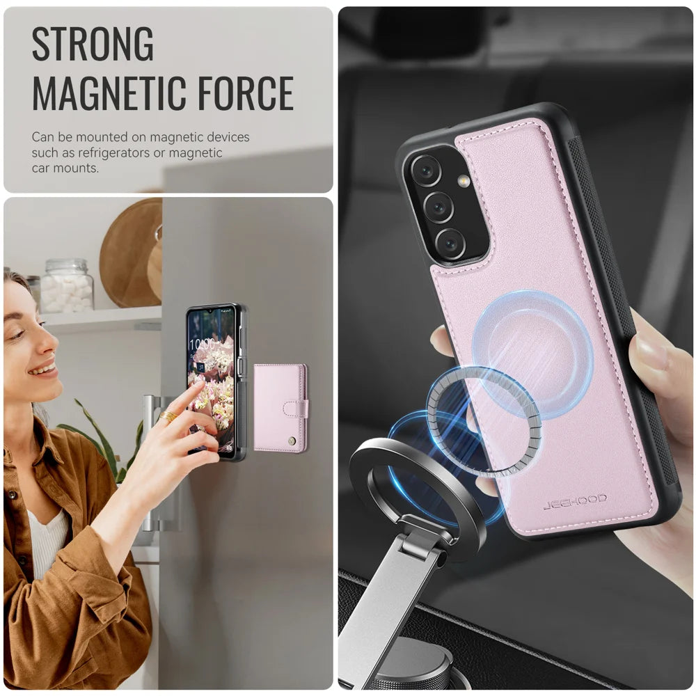 JEEHOOD For Samsung Galaxy A14 5G / Galaxy M44 5G / Galaxy A14 4G Case  J09 RFID Blocking Card Holder Leather Back Phone Cover Magnetic Case - Pink - 6