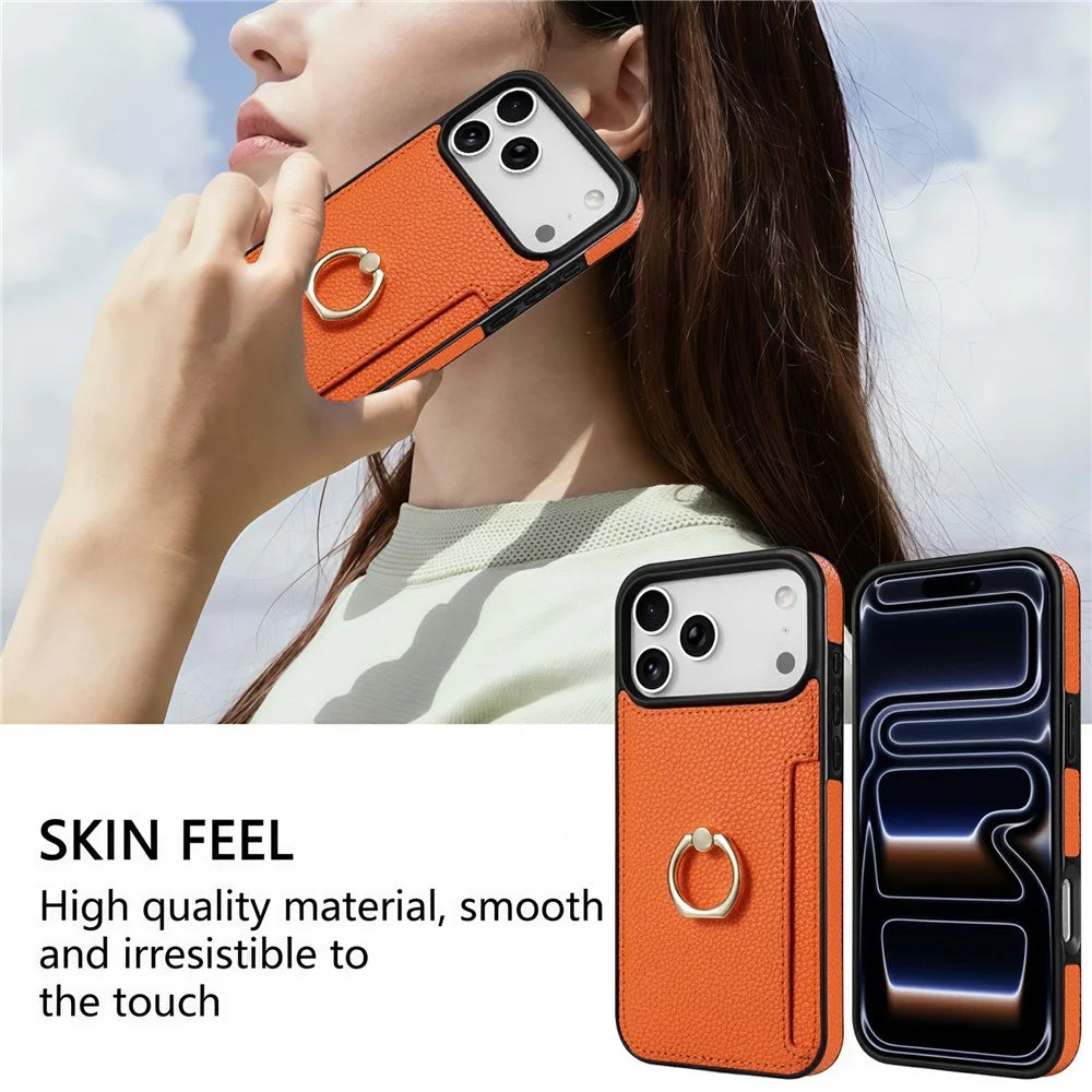 For iPhone 18 Pro Max / 17 Pro Max Case Ring Kickstand PU + TPU Card Holder Phone Cover - Orange - 6