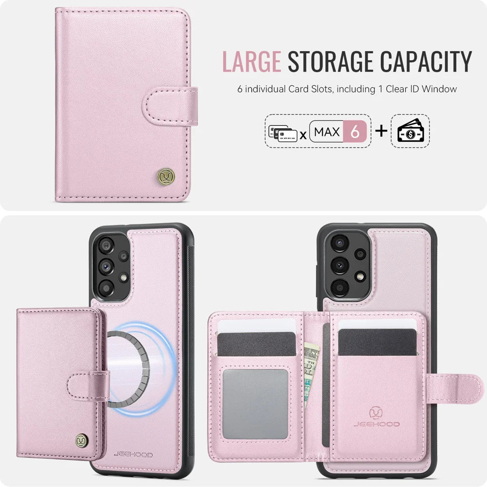 JEEHOOD For Samsung Galaxy A23 5G (Global) / Galaxy A23 4G Case  J09 RFID Blocking Card Holder Leather Back Phone Cover Magnetic Case - Pink - 3