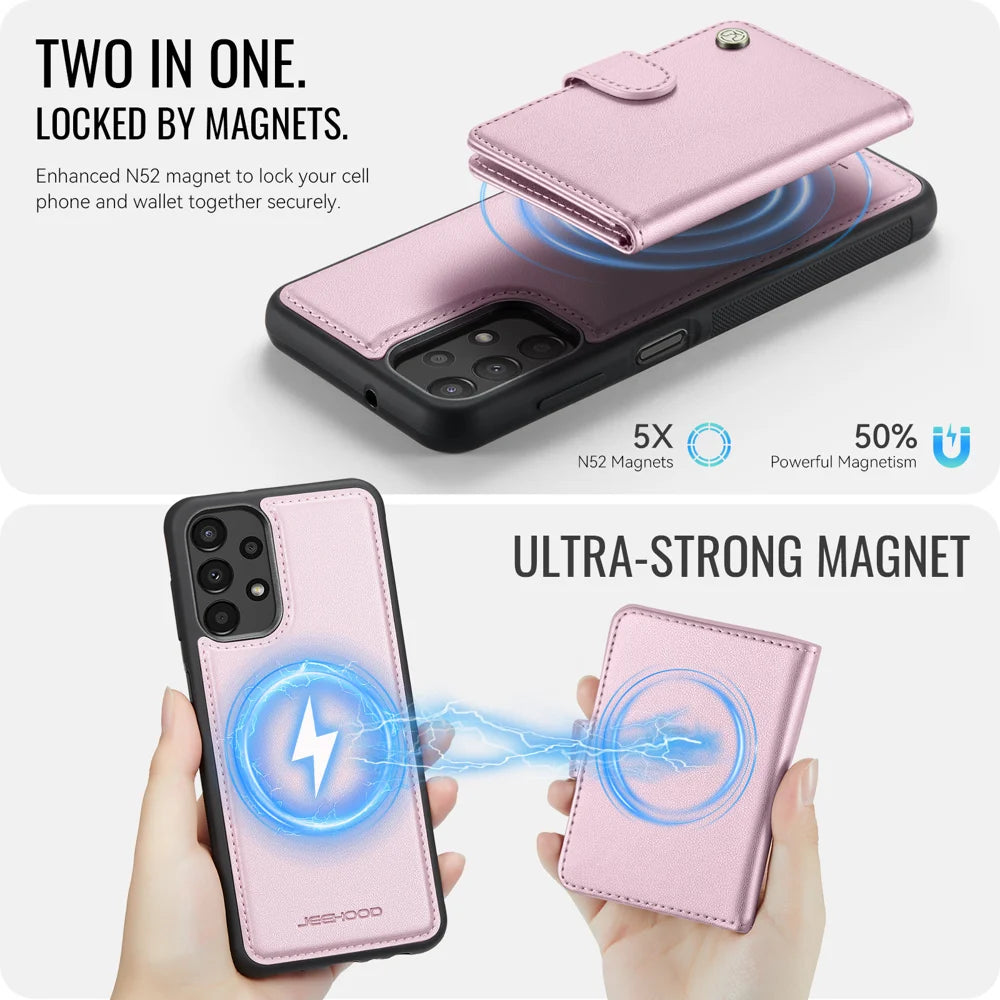 JEEHOOD For Samsung Galaxy A23 5G (Global) / Galaxy A23 4G Case  J09 RFID Blocking Card Holder Leather Back Phone Cover Magnetic Case - Pink - 7