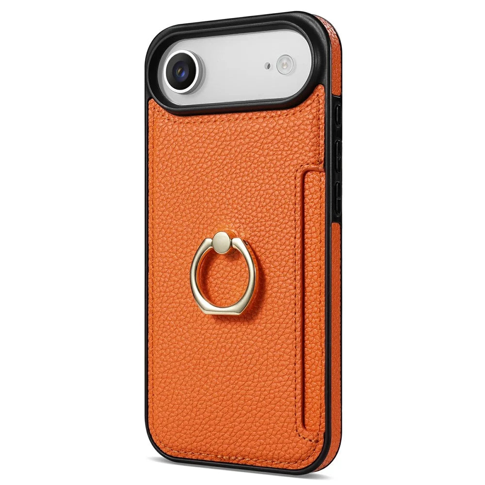 For iPhone Air Case Ring Kickstand PU + TPU Card Holder Phone Cover - Orange - 1