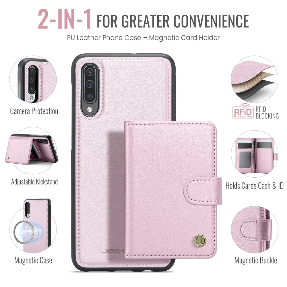 JEEHOOD For Samsung Galaxy A50 Case  J09 RFID Blocking Card Holder Leather Back Phone Cover Magnetic Case - Pink - 2