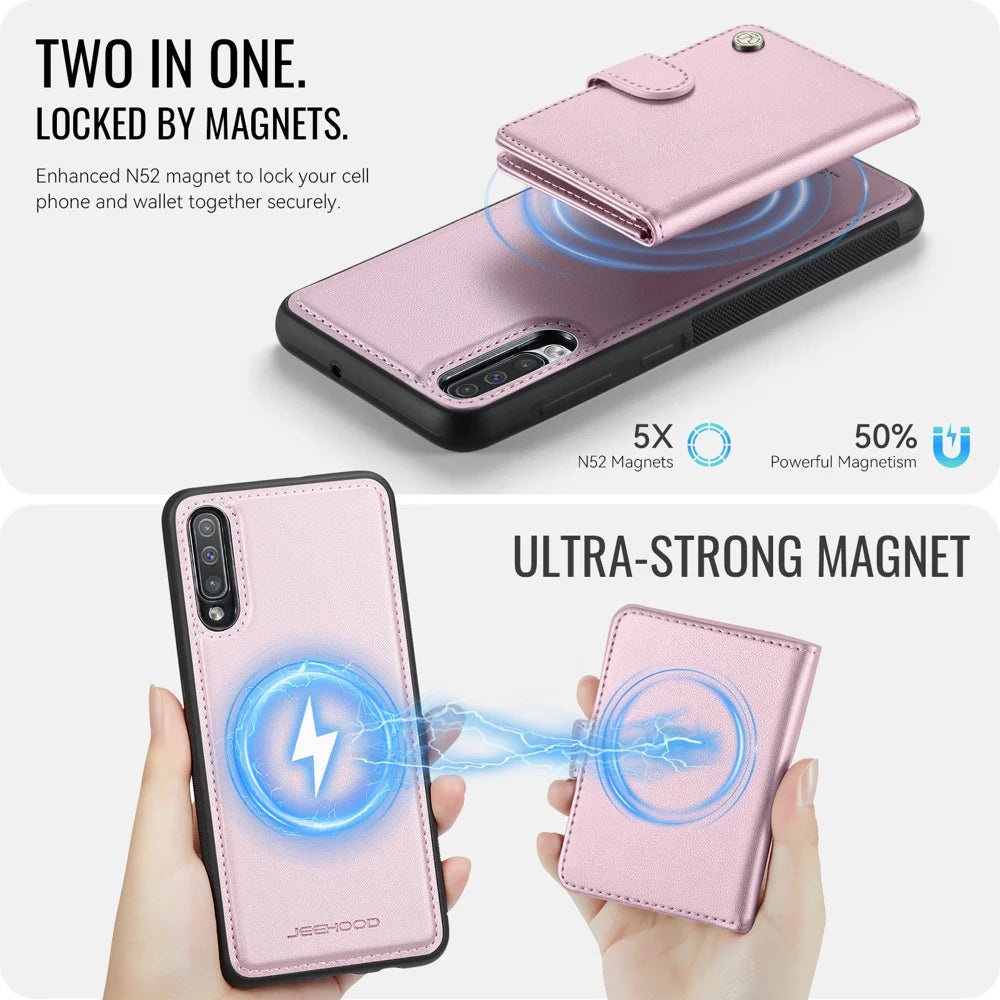JEEHOOD For Samsung Galaxy A50 Case  J09 RFID Blocking Card Holder Leather Back Phone Cover Magnetic Case - Pink - 7
