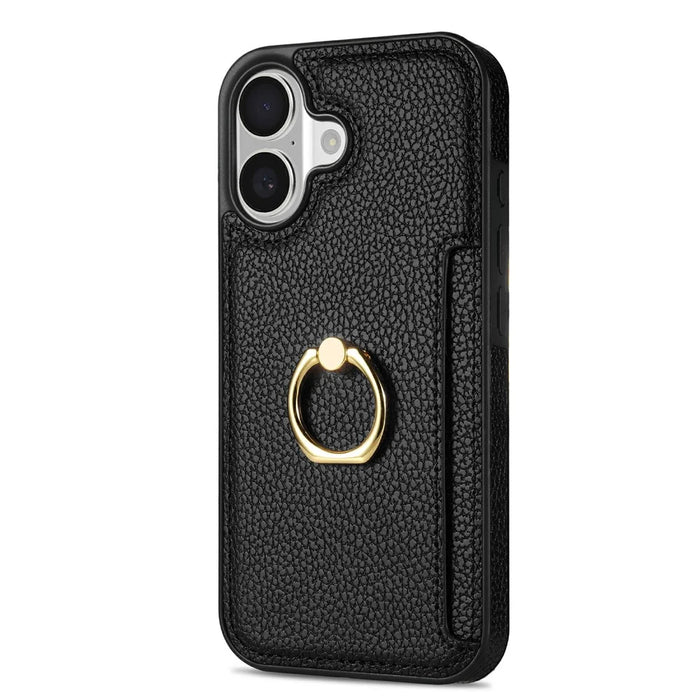 For iPhone 17 Case Ring Kickstand PU + TPU Card Holder Phone Cover - Black - 1