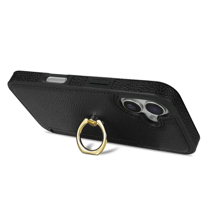 For iPhone 17 Case Ring Kickstand PU + TPU Card Holder Phone Cover - Black - 3