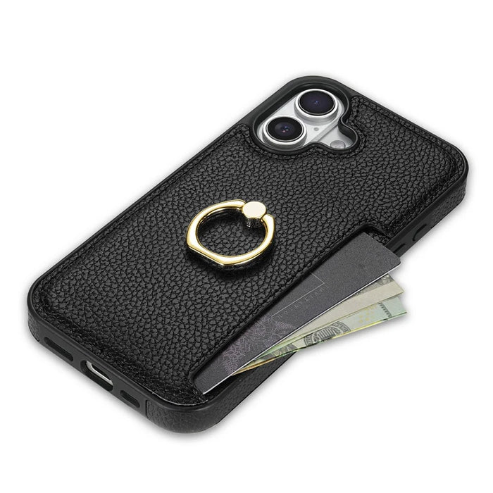 For iPhone 17 Case Ring Kickstand PU + TPU Card Holder Phone Cover - Black - 4