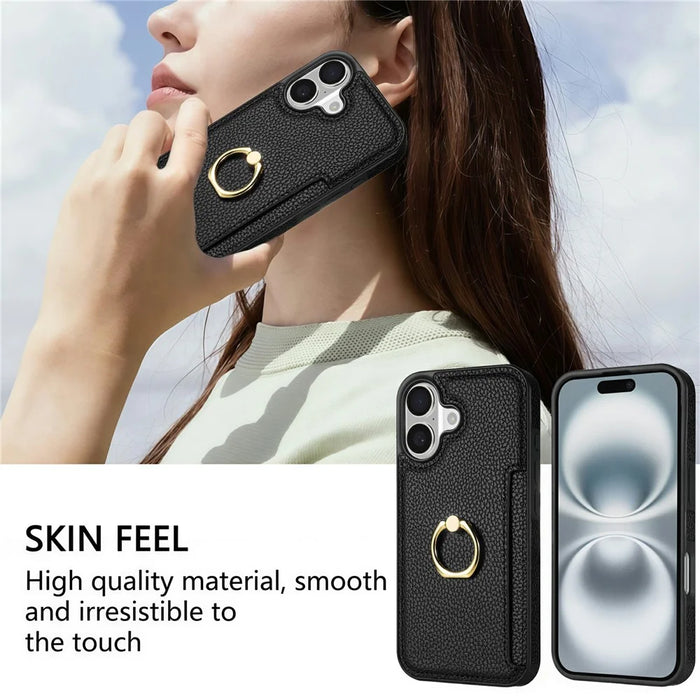 For iPhone 17 Case Ring Kickstand PU + TPU Card Holder Phone Cover - Black - 5