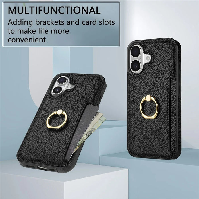 For iPhone 17 Case Ring Kickstand PU + TPU Card Holder Phone Cover - Black - 6