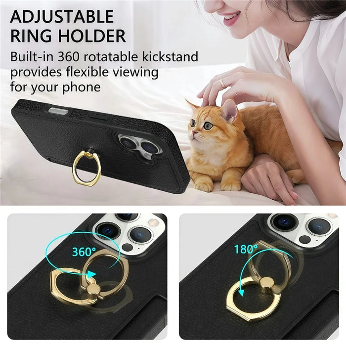 For iPhone 17 Case Ring Kickstand PU + TPU Card Holder Phone Cover - Black - 7