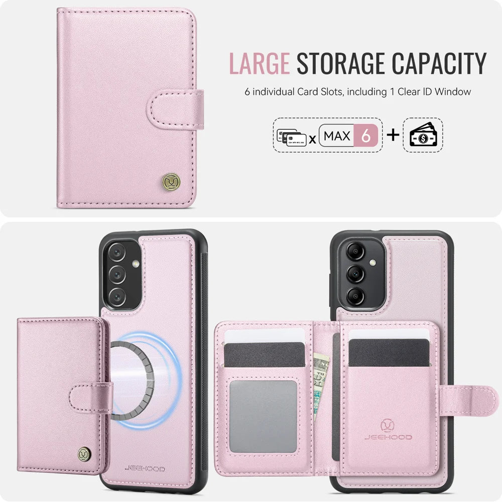 JEEHOOD For Samsung Galaxy A24 4G (162.1mm) Case  J09 RFID Blocking Card Holder Leather Back Phone Cover Magnetic Case - Pink - 3