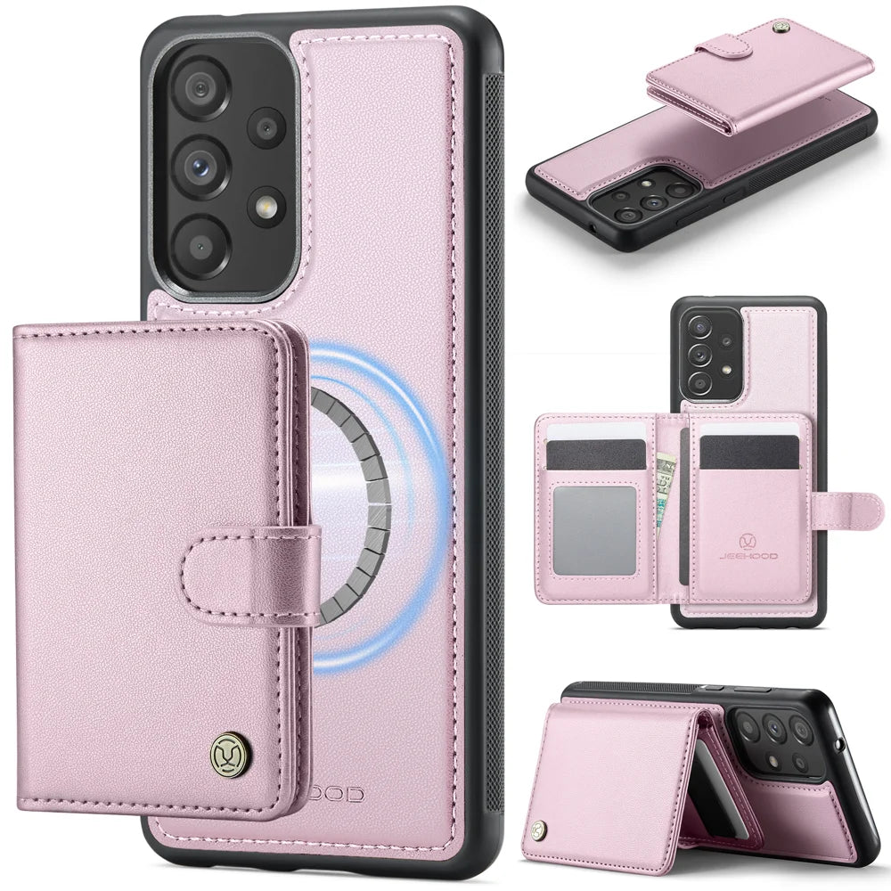 JEEHOOD For Samsung Galaxy A33 5G Case  J09 RFID Blocking Card Holder Leather Back Phone Cover Magnetic Case - Pink - 1