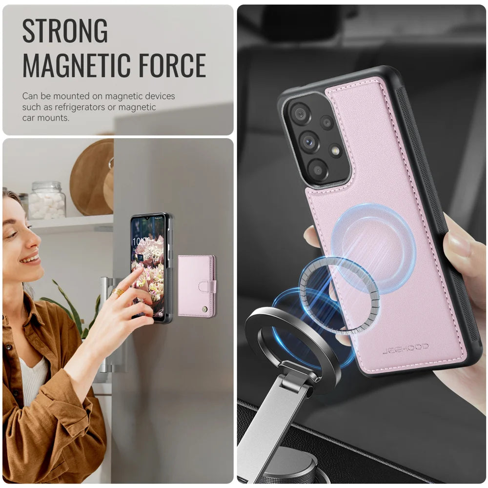 JEEHOOD For Samsung Galaxy A33 5G Case  J09 RFID Blocking Card Holder Leather Back Phone Cover Magnetic Case - Pink - 6
