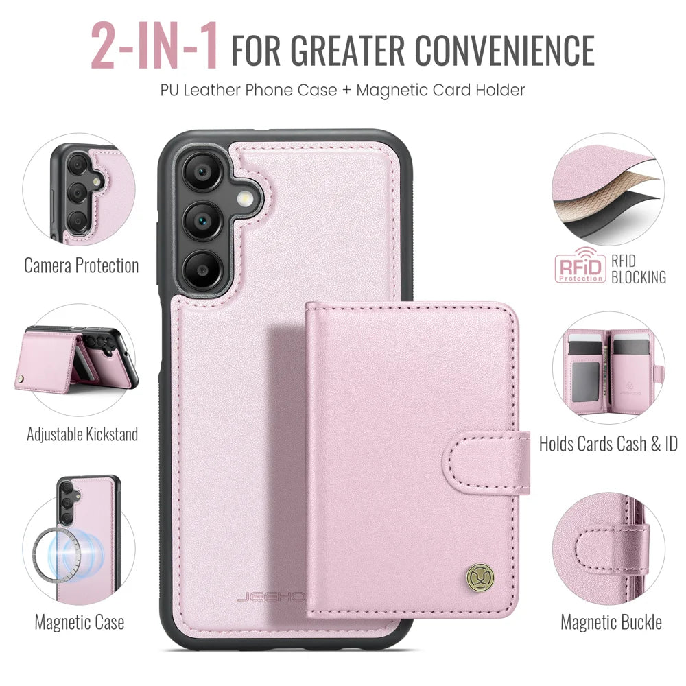 JEEHOOD For Samsung Galaxy A25 5G (Global) (161mm) Case  J09 RFID Blocking Card Holder Leather Back Phone Cover Magnetic Case - Pink - 2