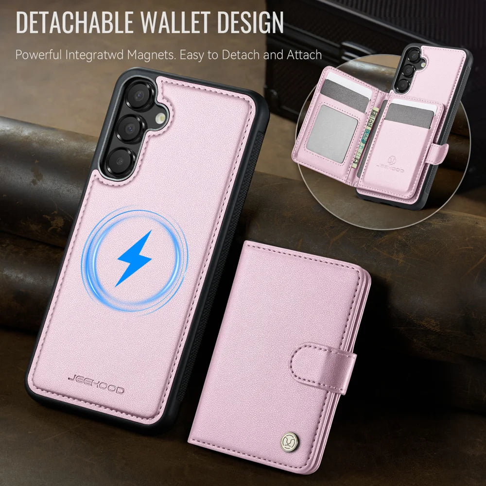 JEEHOOD For Samsung Galaxy A25 5G (Global) (161mm) Case  J09 RFID Blocking Card Holder Leather Back Phone Cover Magnetic Case - Pink - 5
