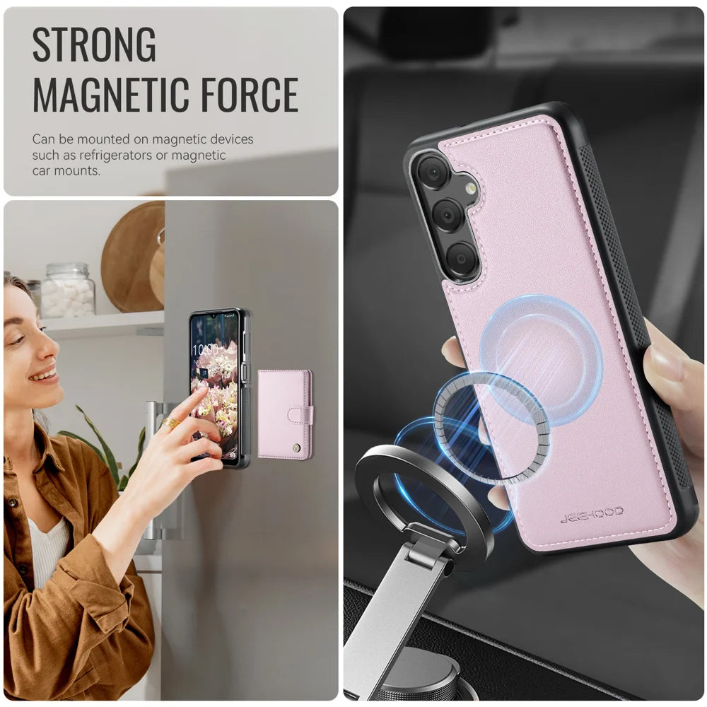 JEEHOOD For Samsung Galaxy A25 5G (Global) (161mm) Case  J09 RFID Blocking Card Holder Leather Back Phone Cover Magnetic Case - Pink - 6