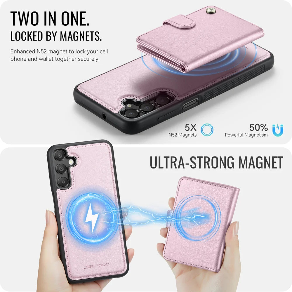 JEEHOOD For Samsung Galaxy A25 5G (Global) (161mm) Case  J09 RFID Blocking Card Holder Leather Back Phone Cover Magnetic Case - Pink - 7