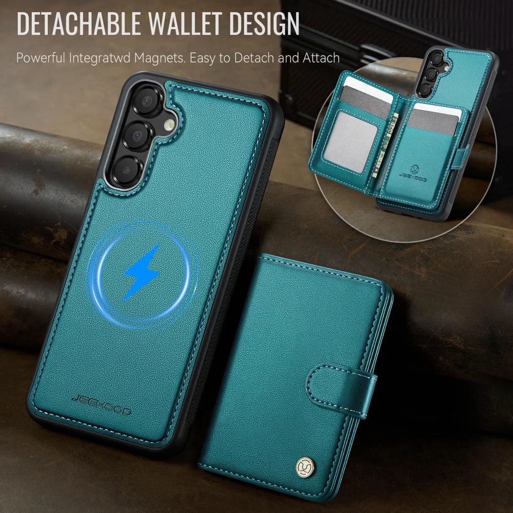 JEEHOOD For Samsung Galaxy A35 5G Case  J09 RFID Blocking Card Holder Leather Back Phone Cover Magnetic Case - Green - 5