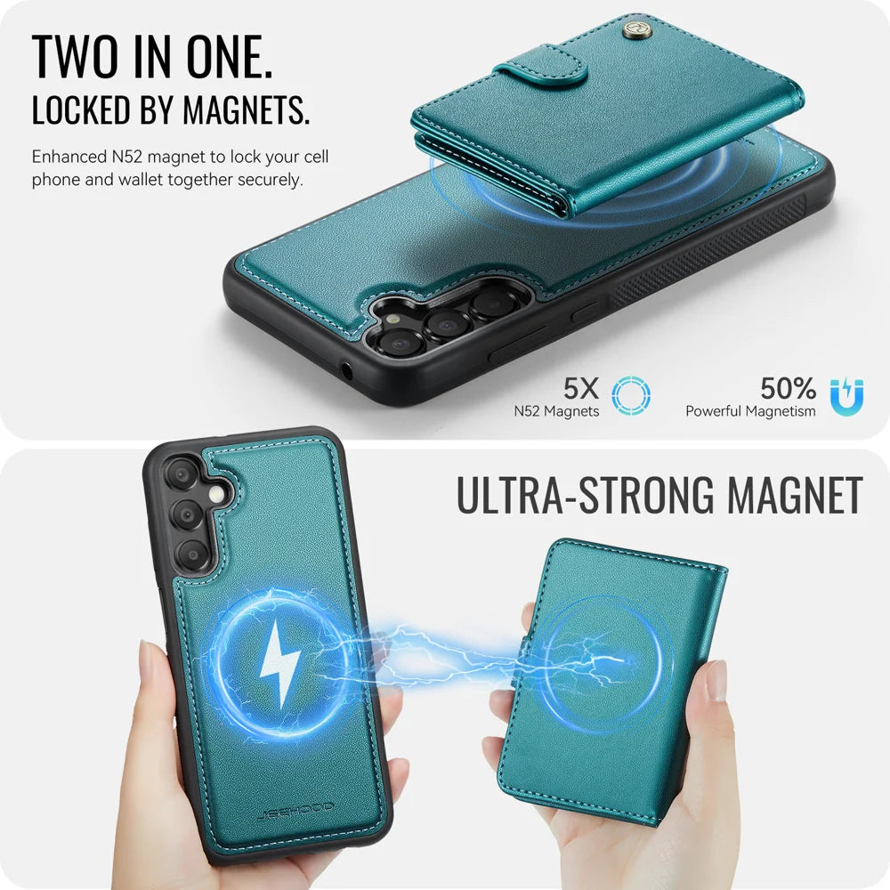 JEEHOOD For Samsung Galaxy A35 5G Case  J09 RFID Blocking Card Holder Leather Back Phone Cover Magnetic Case - Green - 7