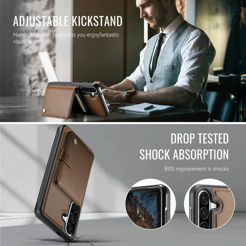 JEEHOOD For Samsung Galaxy A56 5G Case  J09 RFID Blocking Card Holder Leather Back Phone Cover Magnetic Case - Brown - 4