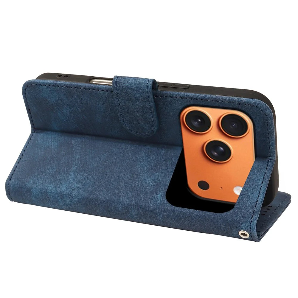 For iPhone 17 Pro Max Case Flip Wallet Striped Texture Leather Phone Cover - Blue - 4
