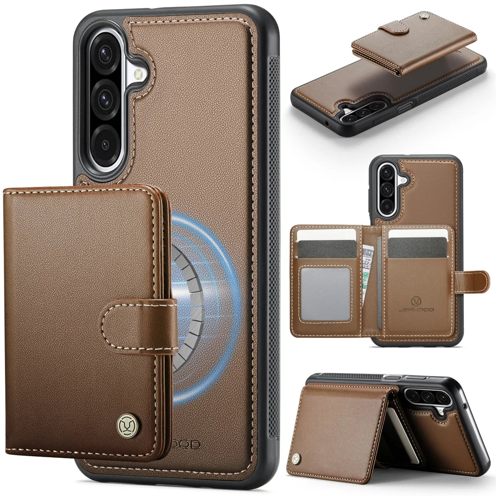 JEEHOOD For Samsung Galaxy A26 5G Case  J09 RFID Blocking Card Holder Leather Back Phone Cover Magnetic Case - Brown - 1