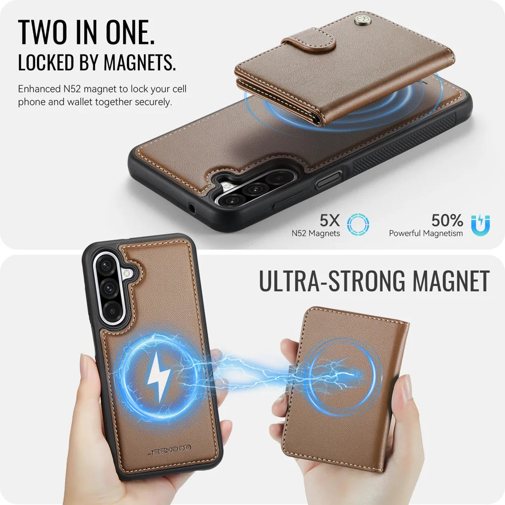 JEEHOOD For Samsung Galaxy A26 5G Case  J09 RFID Blocking Card Holder Leather Back Phone Cover Magnetic Case - Brown - 7
