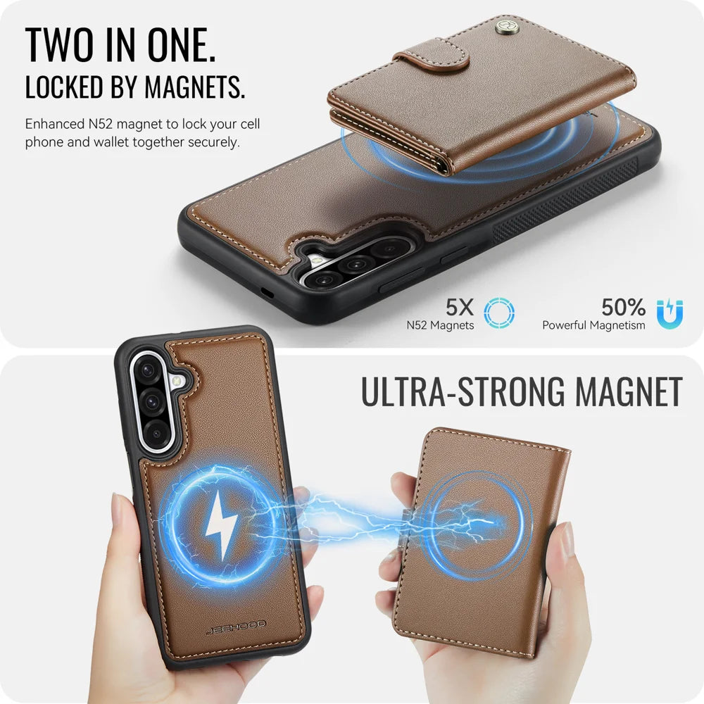 JEEHOOD For Samsung Galaxy A36 5G Case  J09 RFID Blocking Card Holder Leather Back Phone Cover Magnetic Case - Brown - 7