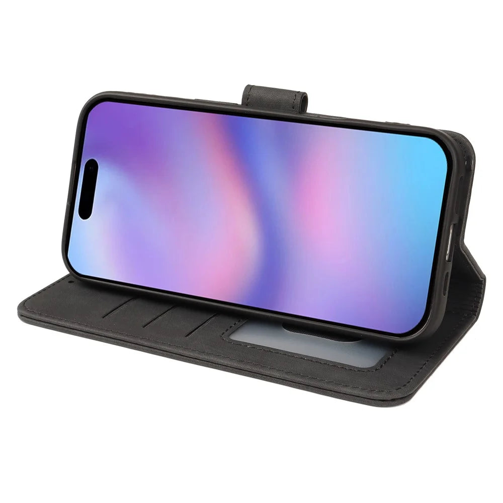 For iPhone 17 Case Flip Wallet Striped Texture Leather Phone Cover - Black - 3