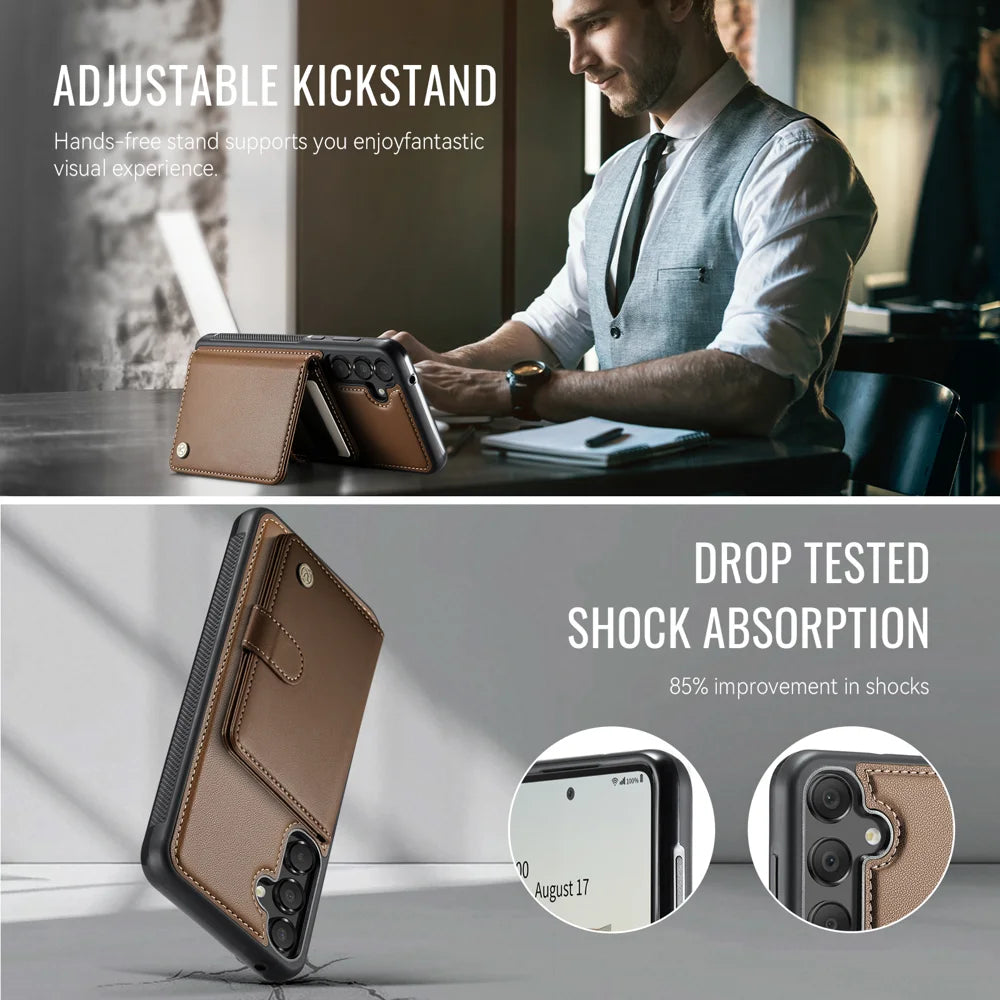 JEEHOOD For Samsung Galaxy A55 5G Case  J09 RFID Blocking Card Holder Leather Back Phone Cover Magnetic Case - Brown - 4