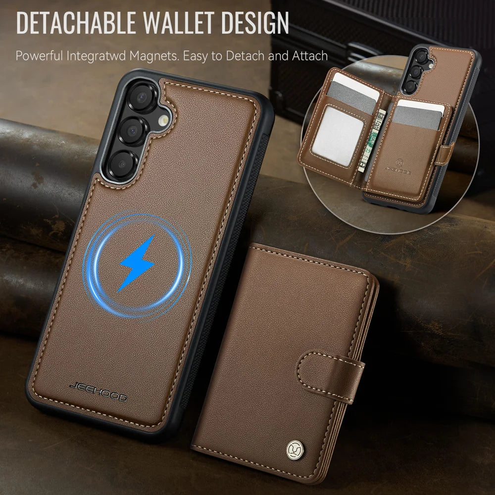 JEEHOOD For Samsung Galaxy A55 5G Case  J09 RFID Blocking Card Holder Leather Back Phone Cover Magnetic Case - Brown - 5