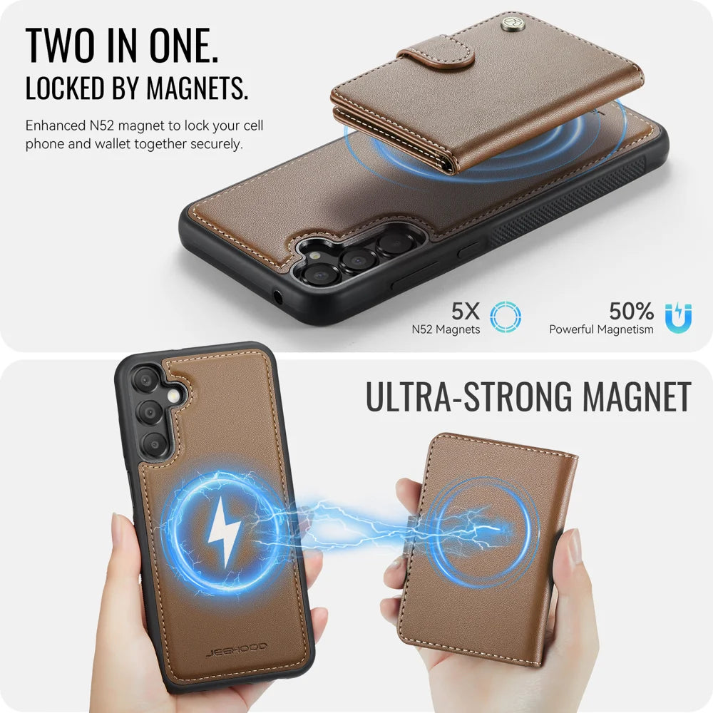 JEEHOOD For Samsung Galaxy A55 5G Case  J09 RFID Blocking Card Holder Leather Back Phone Cover Magnetic Case - Brown - 7