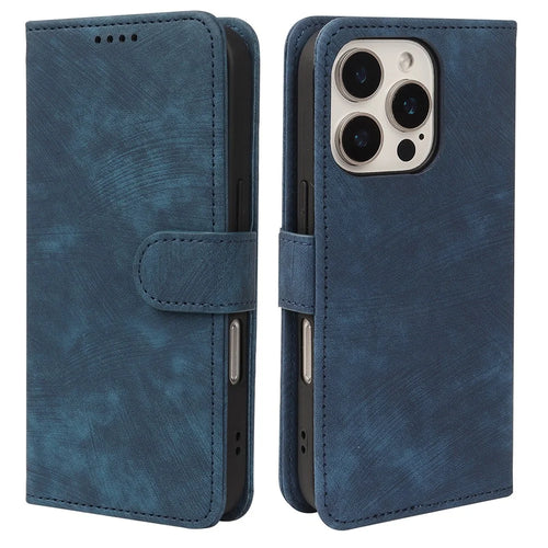 For iPhone 16 Pro Case Flip Wallet Striped Texture Leather Phone Cover - Blue - 1