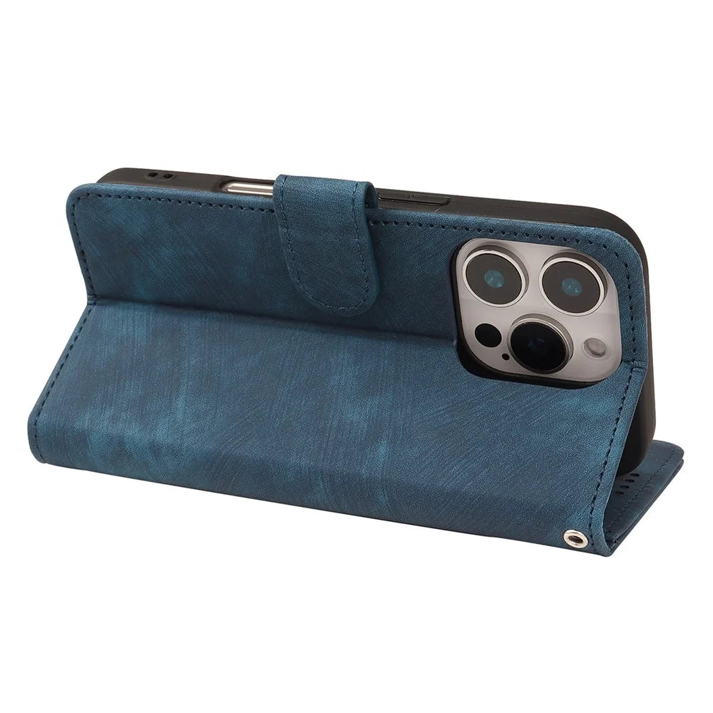 For iPhone 16 Pro Case Flip Wallet Striped Texture Leather Phone Cover - Blue - 4