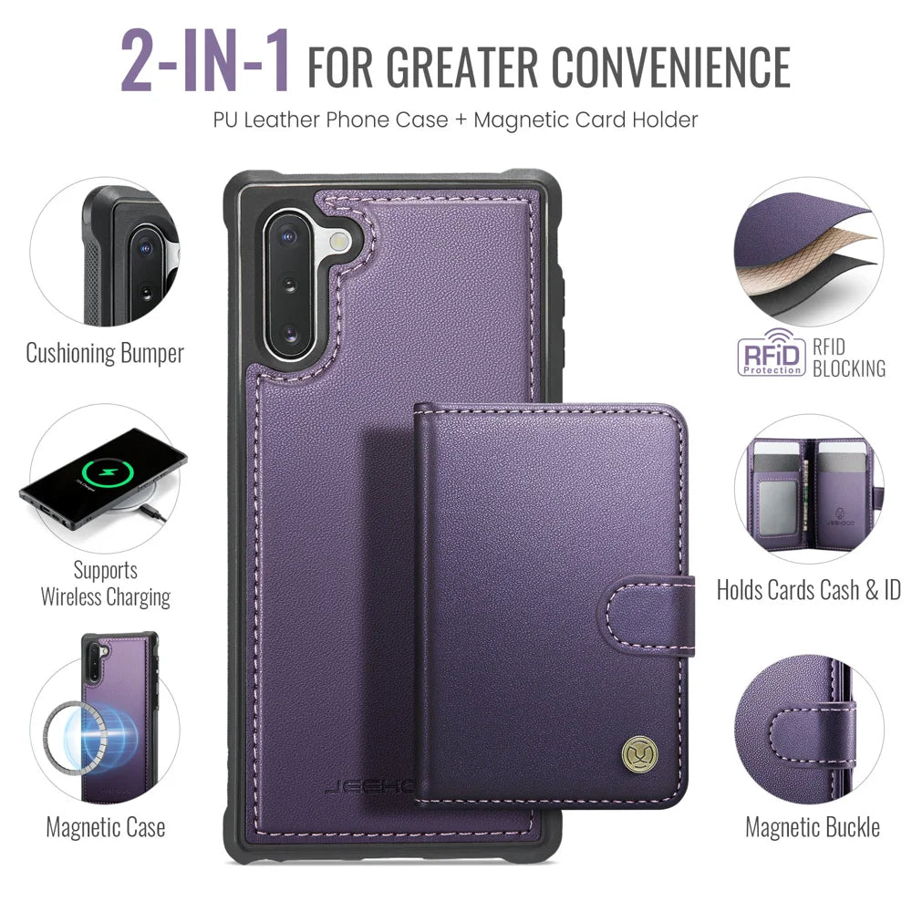 JEEHOOD For Samsung Galaxy Note10 Case  J09 RFID Blocking Card Holder Leather Back Phone Cover Magnetic Case - Purple - 2
