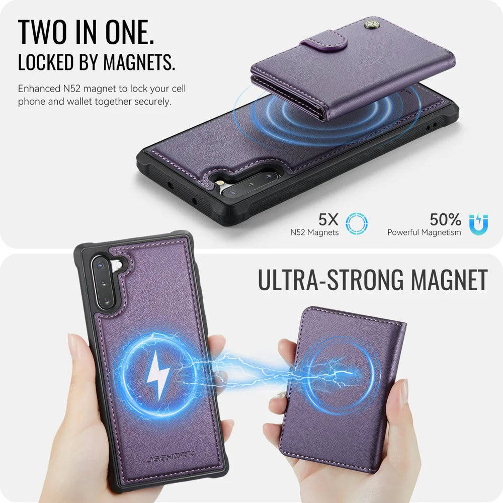 JEEHOOD For Samsung Galaxy Note10 Case  J09 RFID Blocking Card Holder Leather Back Phone Cover Magnetic Case - Purple - 7