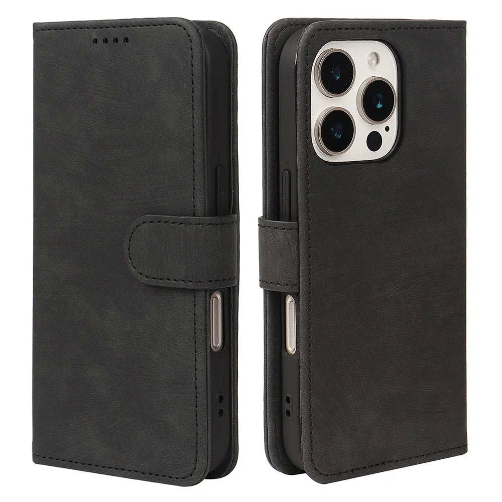 For iPhone 16 Pro Max Case Flip Wallet Striped Texture Leather Phone Cover - Black - 1