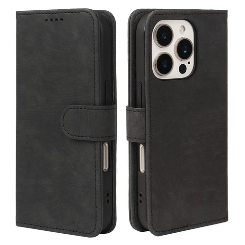For iPhone 16 Pro Max Case Flip Wallet Striped Texture Leather Phone Cover - Black - 1