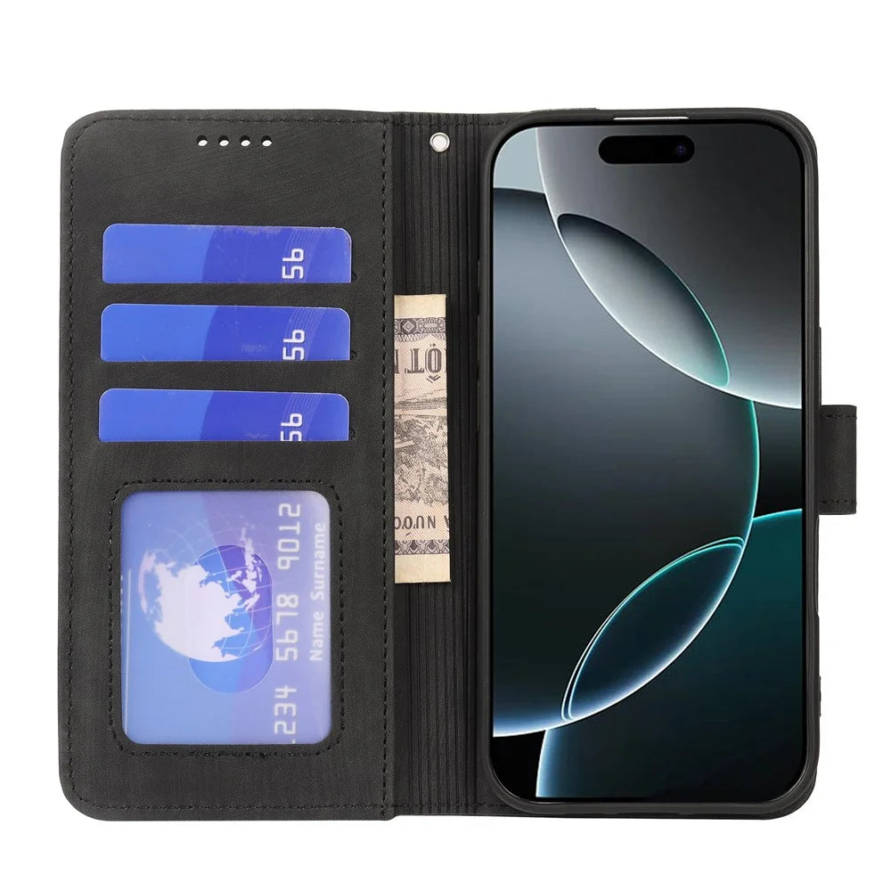 For iPhone 16 Pro Max Case Flip Wallet Striped Texture Leather Phone Cover - Black - 2