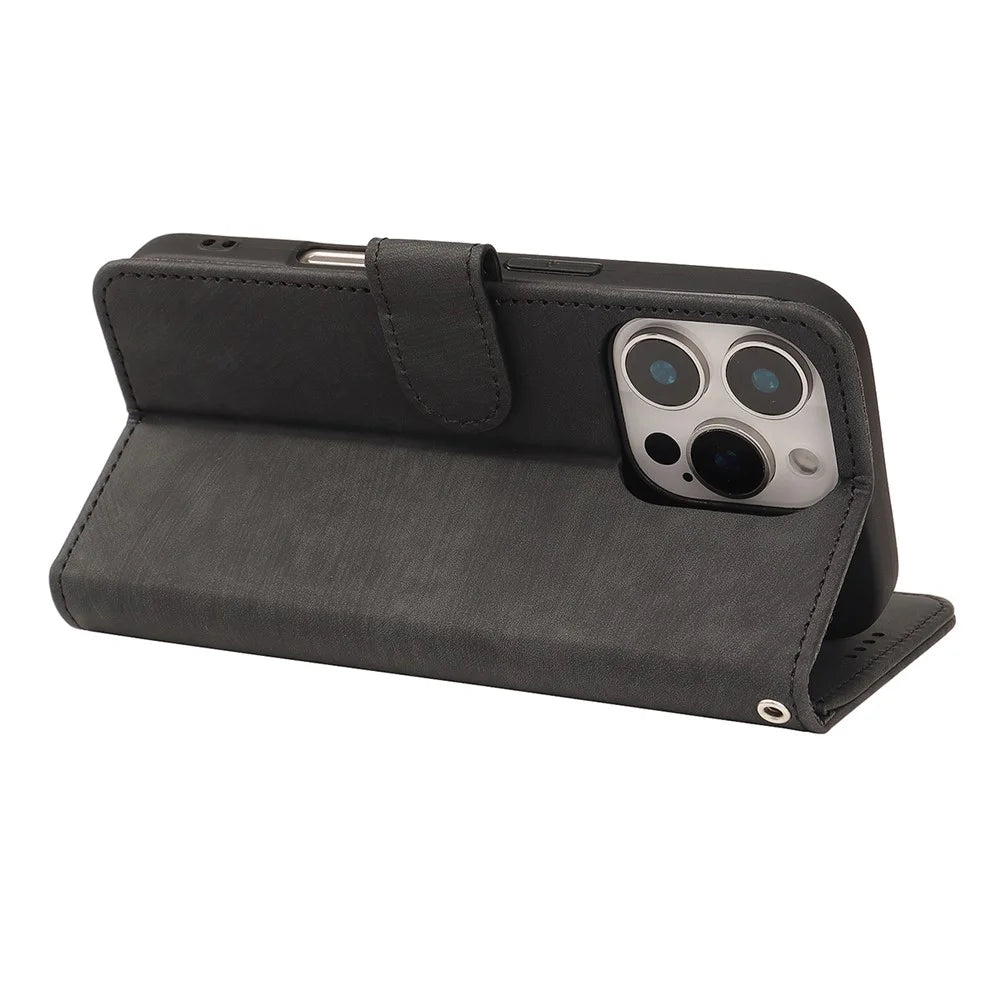 For iPhone 16 Pro Max Case Flip Wallet Striped Texture Leather Phone Cover - Black - 4