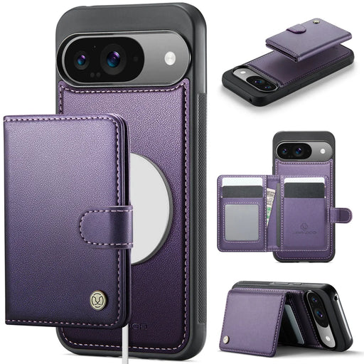 JEEHOOD For Google Pixel 9 Pro / Google Pixel 9 Case  J09 RFID Blocking Card Holder Leather Back Phone Cover Magnetic Case - Purple - 1